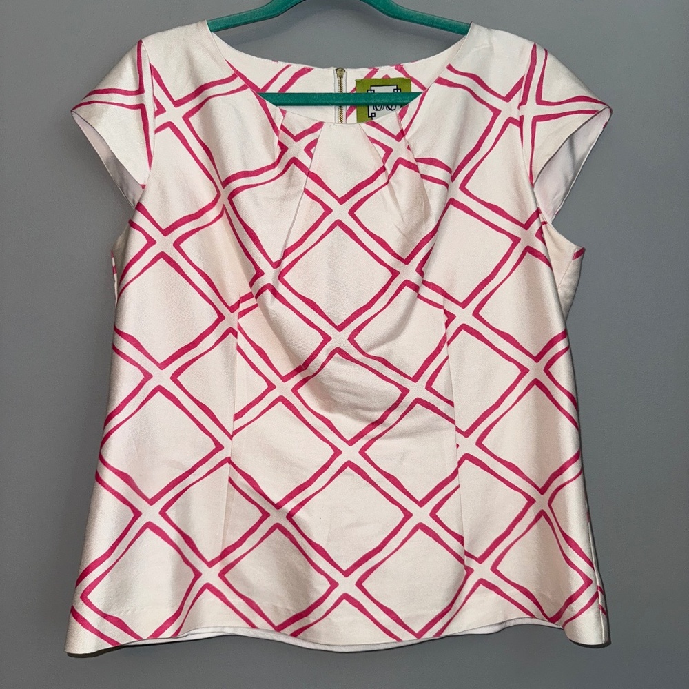 EUC Elizabeth McKay Silk Blend Geometric Flare Cap Sleeve Blouse Top Size 14